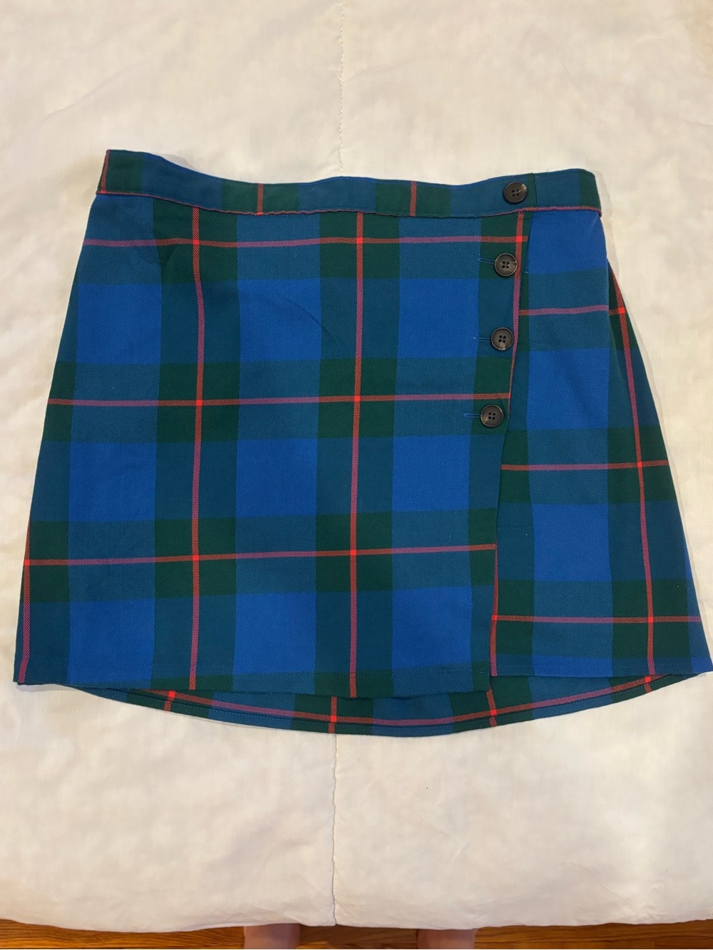 Blue and Green Plaid Button-Front Mini Skirt with Red Accents